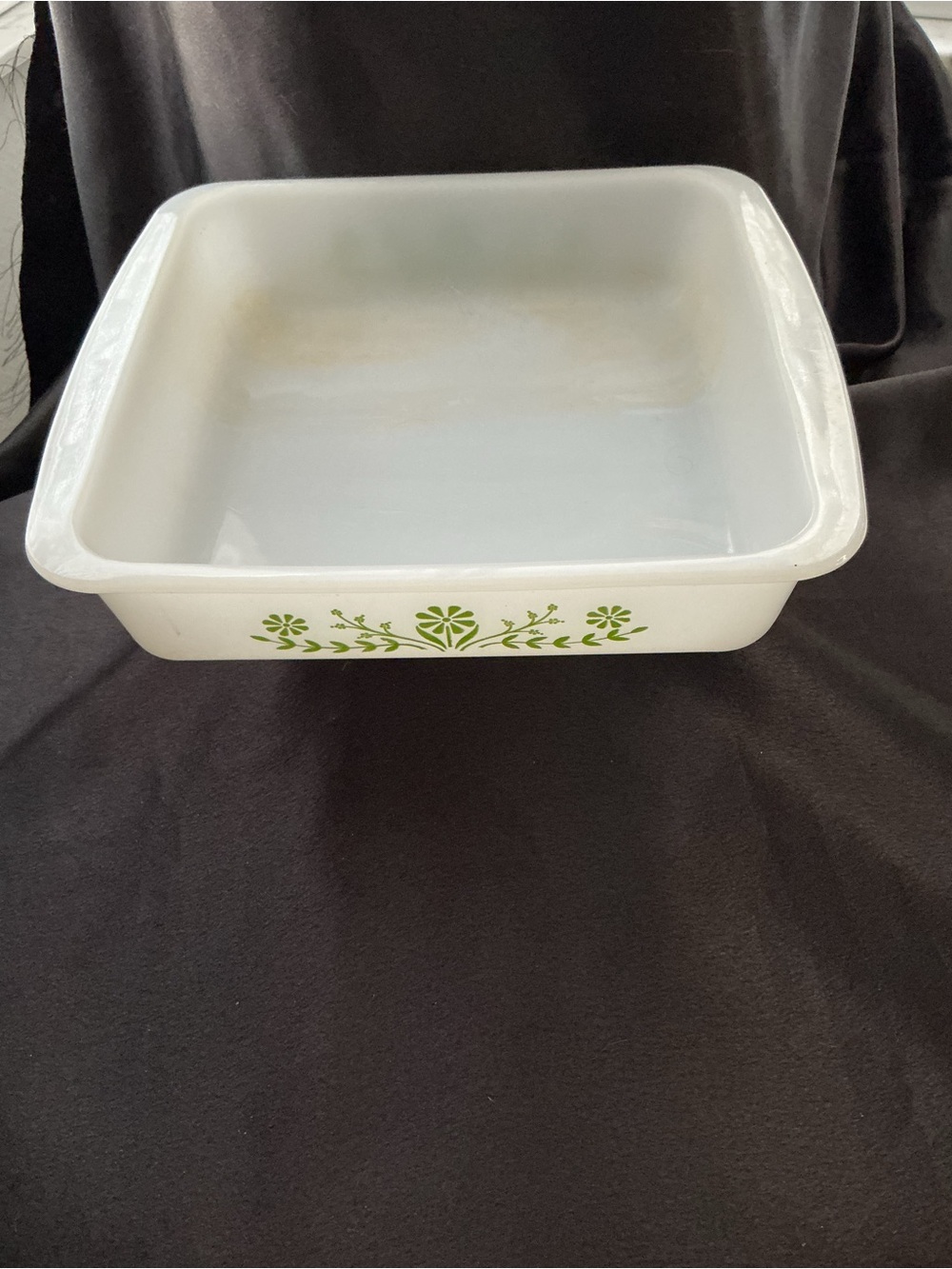 Vintage White Milk Glass Baking Dish with Green Daisy Floral Trim